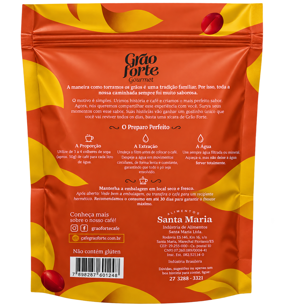 Café Grão Forte Gourmet 250g - Embalagem Traseira com informações e selos